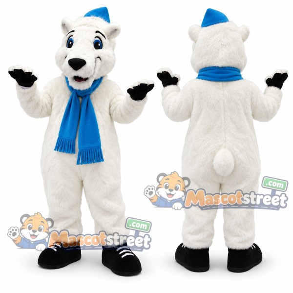 Polar Bear Mascot Costume with Blue Scarf and Hat