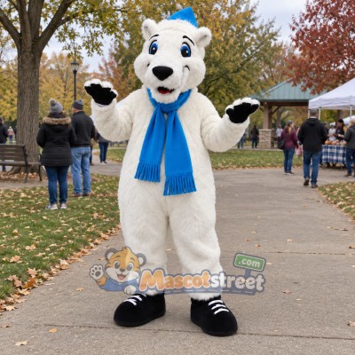 Polar Bear Mascot Costume with Blue Scarf and Hat