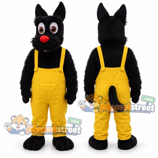 Black Scottie Dog Mascot Costume with Yellow Overalls