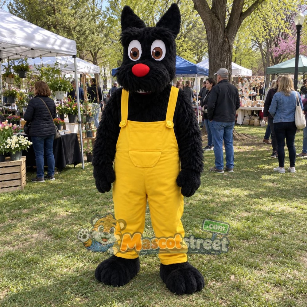 Black Scottie Dog Mascot Costume with Yellow Overalls