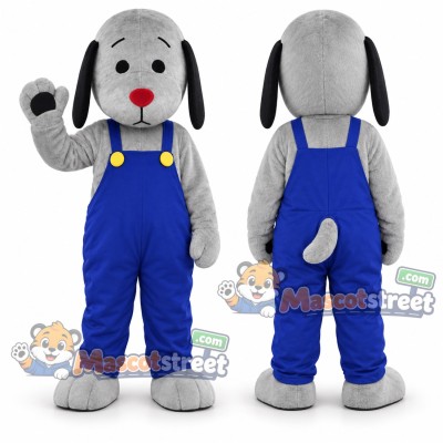 Gray Dog Mascot Costume with Blue Overalls Gray Dog Mascot Costume with Blue Overalls