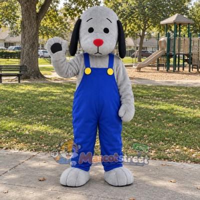 Gray Dog Mascot Costume with Blue Overalls Gray Dog Mascot Costume with Blue Overalls