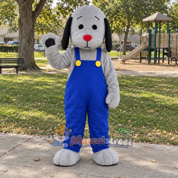 Gray Dog Mascot Costume with Blue Overalls
