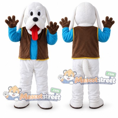 White Dog Mascot Costume with Blue Shirt and Brown Vest