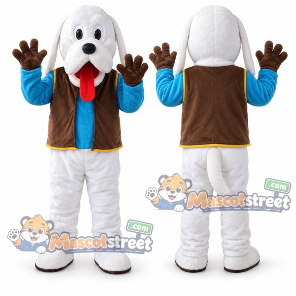White Dog Mascot Costume with Blue Shirt and Brown Vest