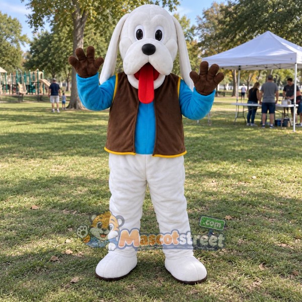 White Dog Mascot Costume with Blue Shirt and Brown Vest