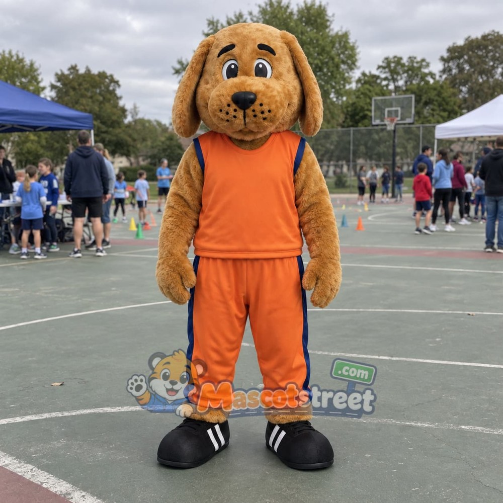 Brown Dog Mascot Costume with Orange Sports Uniform Brown Dog Mascot Costume with Orange Sports Uniform