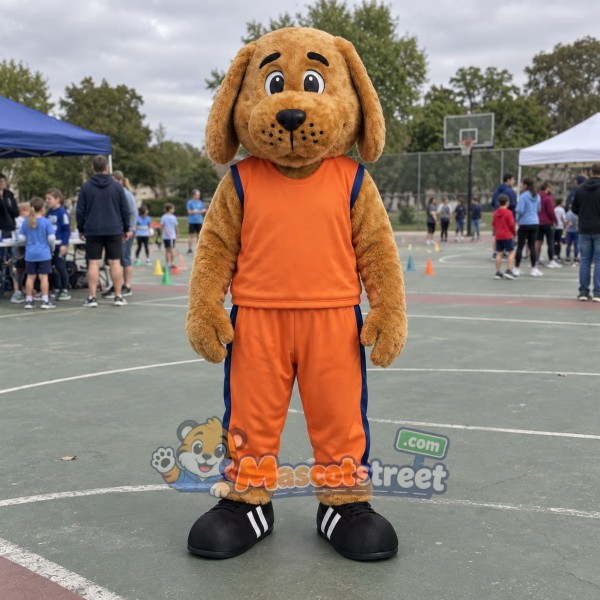 Brown Dog Mascot Costume with Orange Sports Uniform