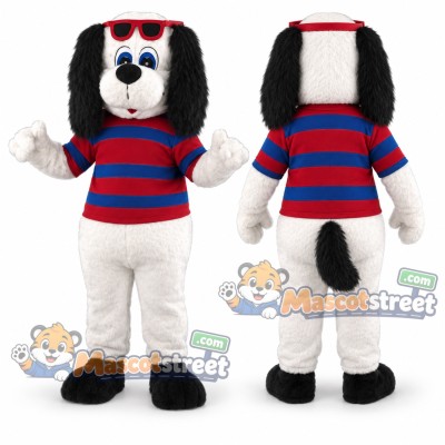 White and Black Dog Mascot Costume with Red and Blue Striped Shirt White and Black Dog Mascot Costume with Red and Blue Striped Shirt