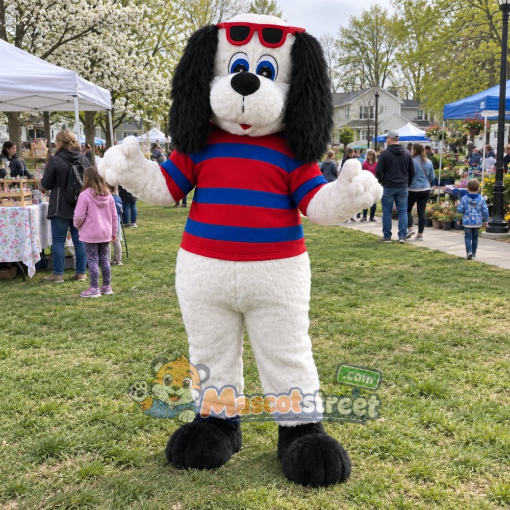 White and Black Dog Mascot Costume with Red and Blue Striped Shirt White and Black Dog Mascot Costume with Red and Blue Striped Shirt