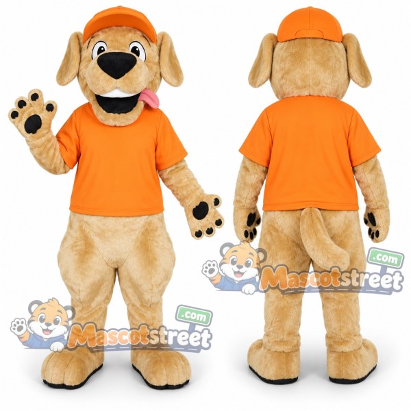 Golden Puppy Mascot Costume with Orange Shirt and Cap