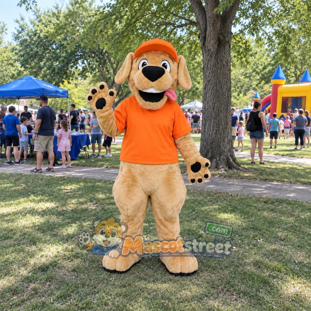 Golden Puppy Mascot Costume with Orange Shirt and Cap