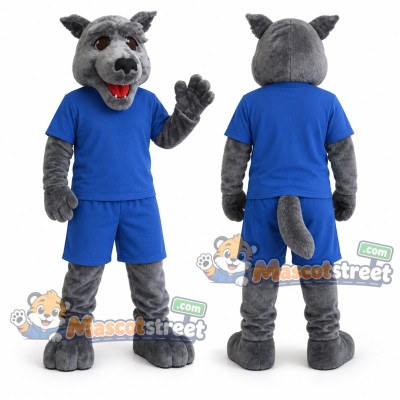 Gray Wolf Mascot Costume with Blue Sports Uniform
