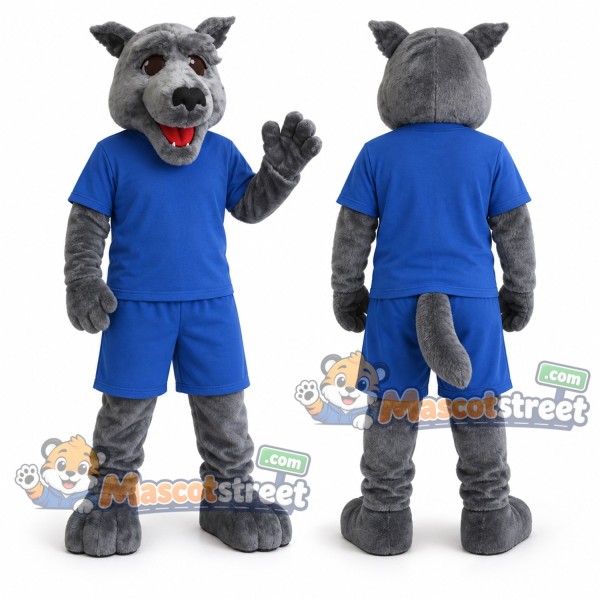 Gray Wolf Mascot Costume with Blue Sports Uniform