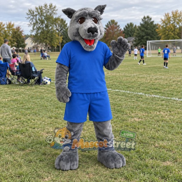 Gray Wolf Mascot Costume with Blue Sports Uniform