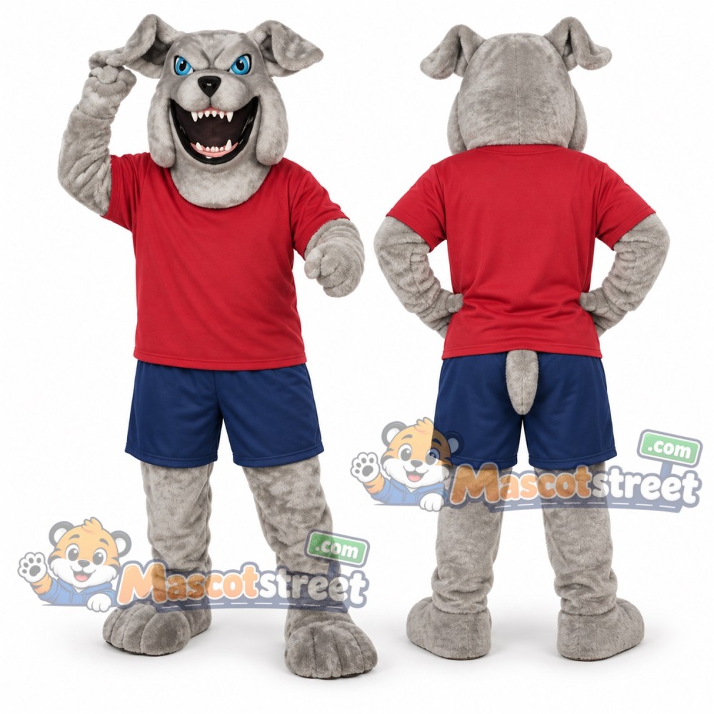 Gray Bulldog Mascot Costume with Red Shirt Gray Bulldog Mascot Costume with Red Shirt
