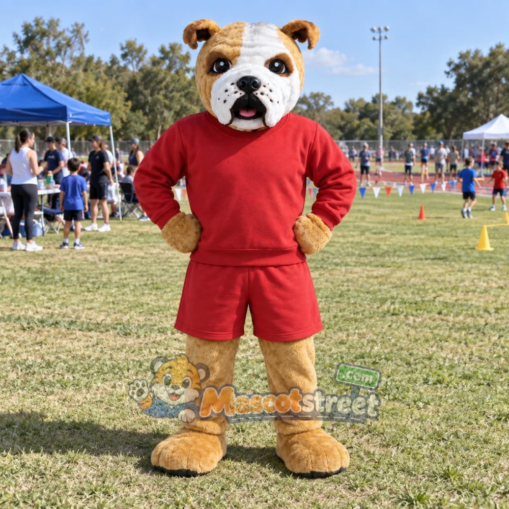 Brown Bulldog Mascot Costume with Red Sports Uniform Brown Bulldog Mascot Costume with Red Sports Uniform