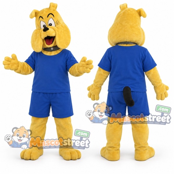 Yellow Bulldog Mascot Costume with Blue Sports Uniform
