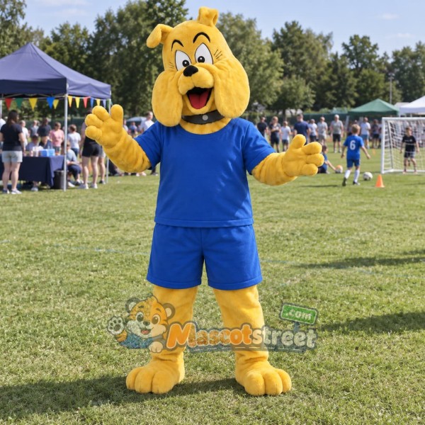 Yellow Bulldog Mascot Costume with Blue Sports Uniform