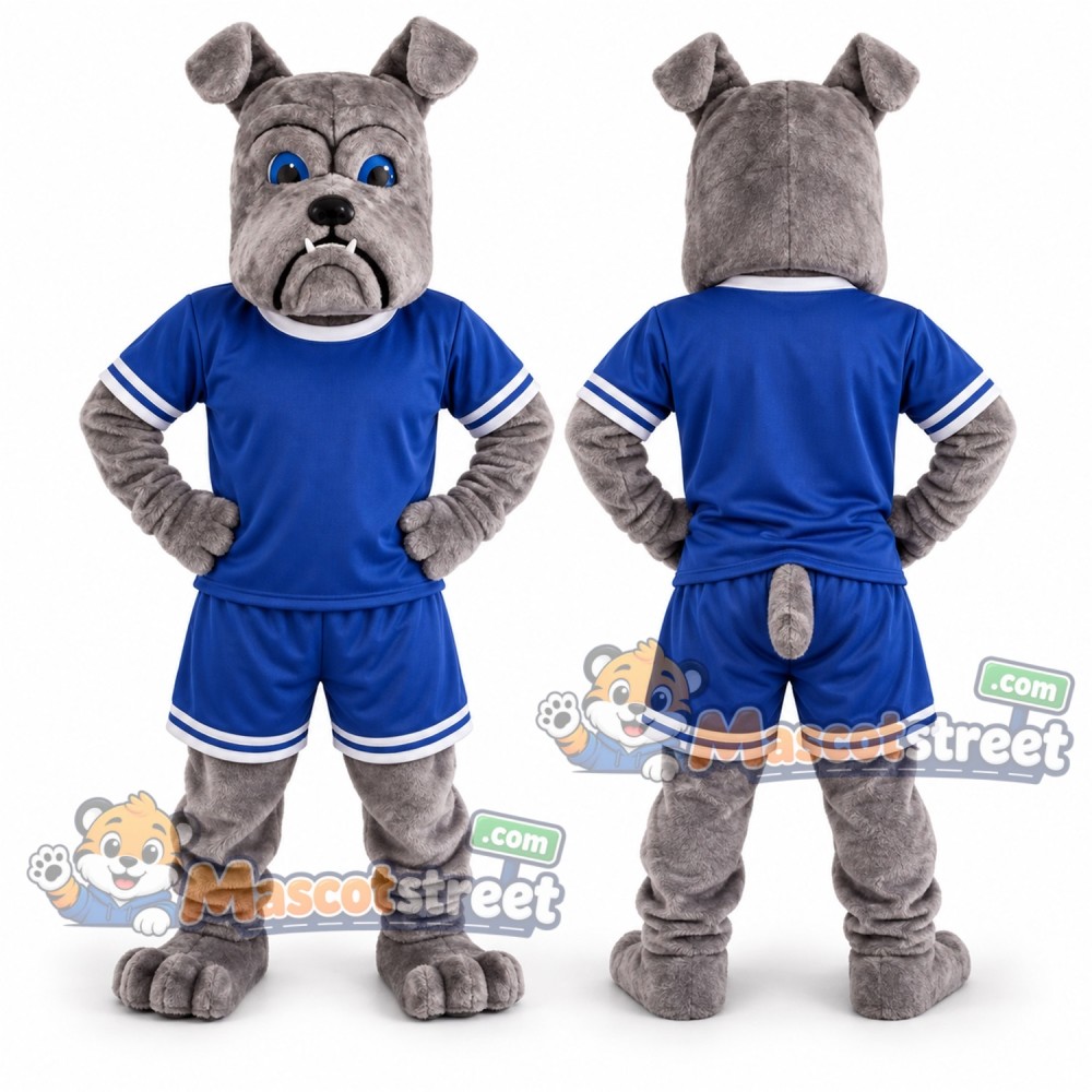 Gray Bulldog Mascot Costume with Blue Sports Uniform Gray Bulldog Mascot Costume with Blue Sports Uniform