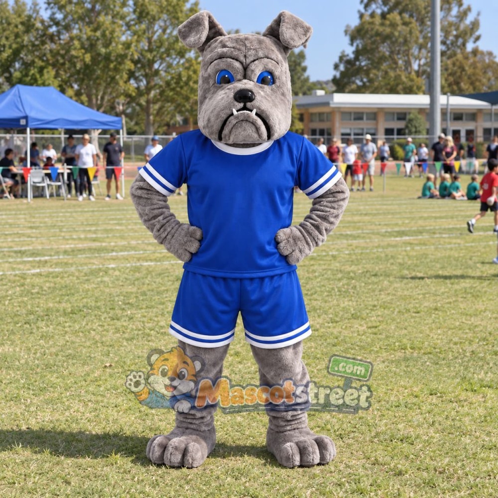 Gray Bulldog Mascot Costume with Blue Sports Uniform Gray Bulldog Mascot Costume with Blue Sports Uniform