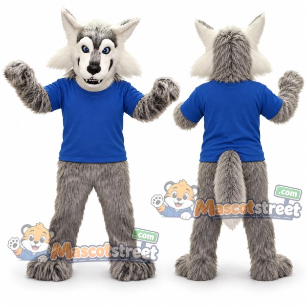 Gray Wolf Mascot Costume with Blue Shirt