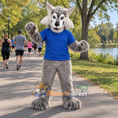 Gray Wolf Mascot Costume with Blue Shirt