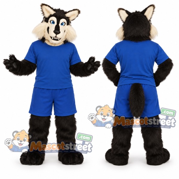 Black and Tan Wolf Mascot Costume with Blue Sports Uniform