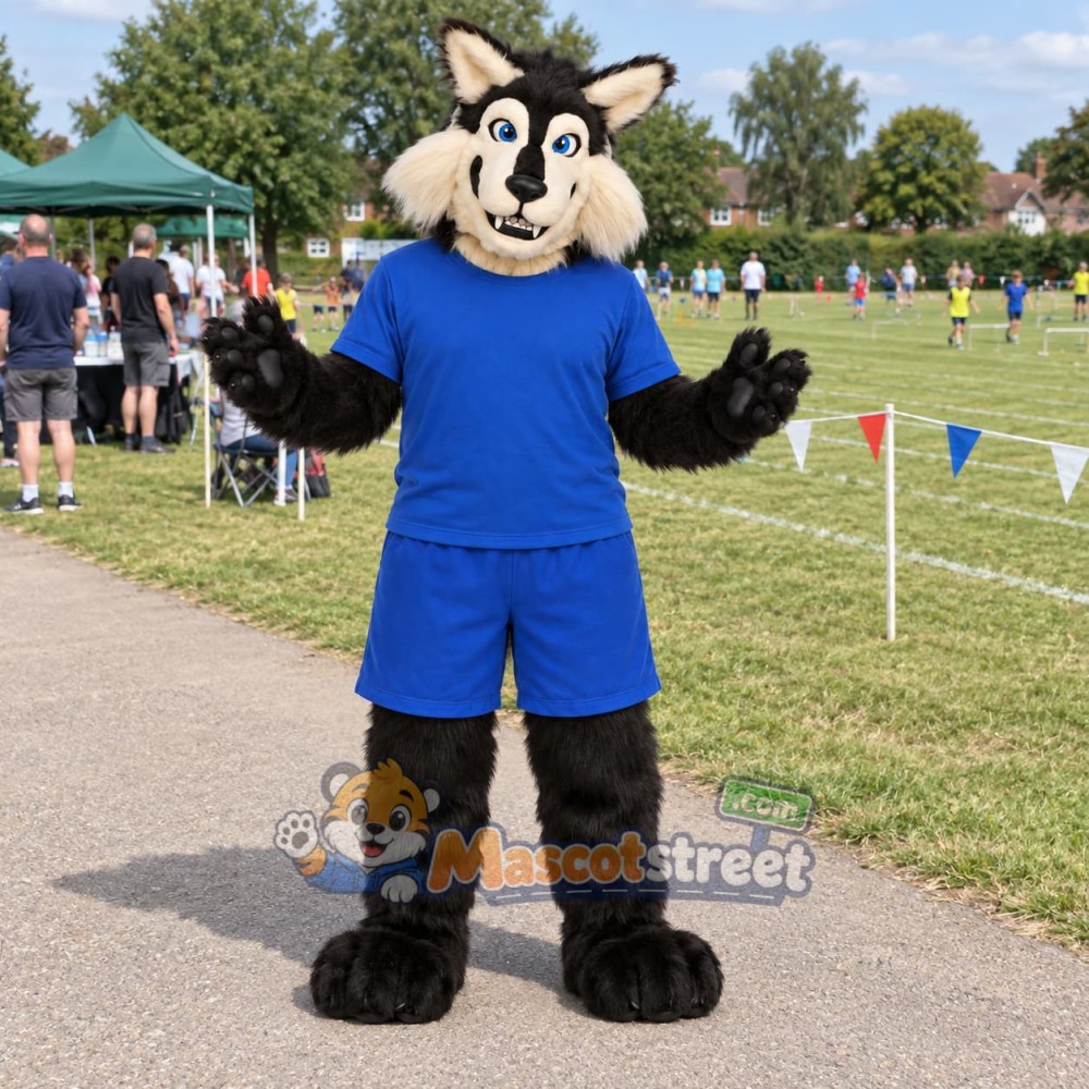 Black and Tan Wolf Mascot Costume with Blue Sports Uniform Black and Tan Wolf Mascot Costume with Blue Sports Uniform