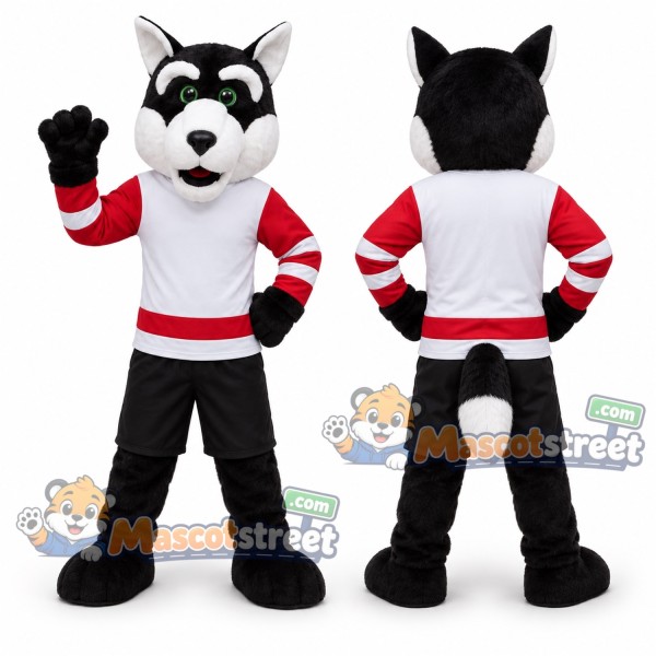 Black and White Wolf Mascot Costume with Red and White Sports Jersey