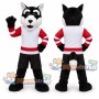 Black and White Wolf Mascot Costume with Red and White Sports Jersey