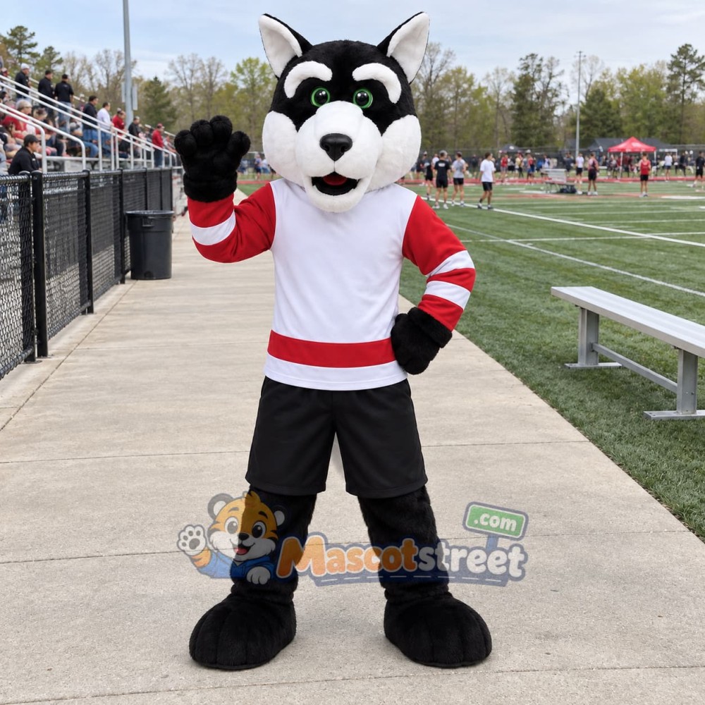 Black and White Wolf Mascot Costume with Red and White Sports Jersey Black and White Wolf Mascot Costume with Red and White Sports Jersey