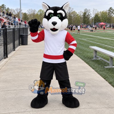 Black and White Wolf Mascot Costume with Red and White Sports Jersey Black and White Wolf Mascot Costume with Red and White Sports Jersey