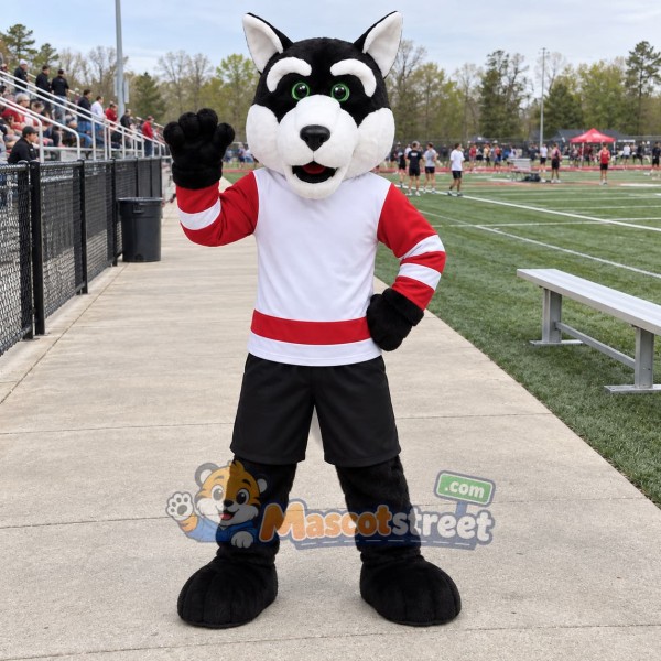Black and White Wolf Mascot Costume with Red and White Sports Jersey