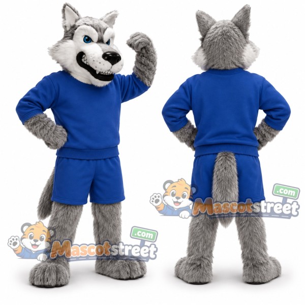 Gray Wolf Mascot Costume with Blue Sports Uniform