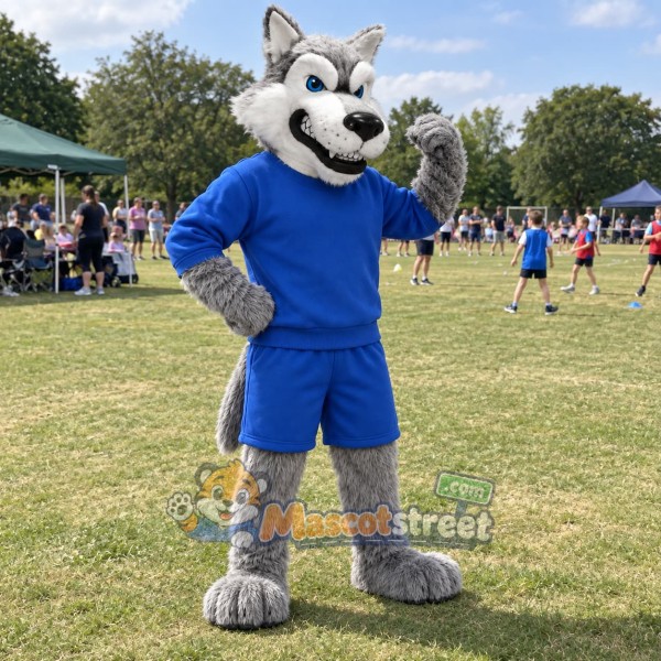 Gray Wolf Mascot Costume with Blue Sports Uniform
