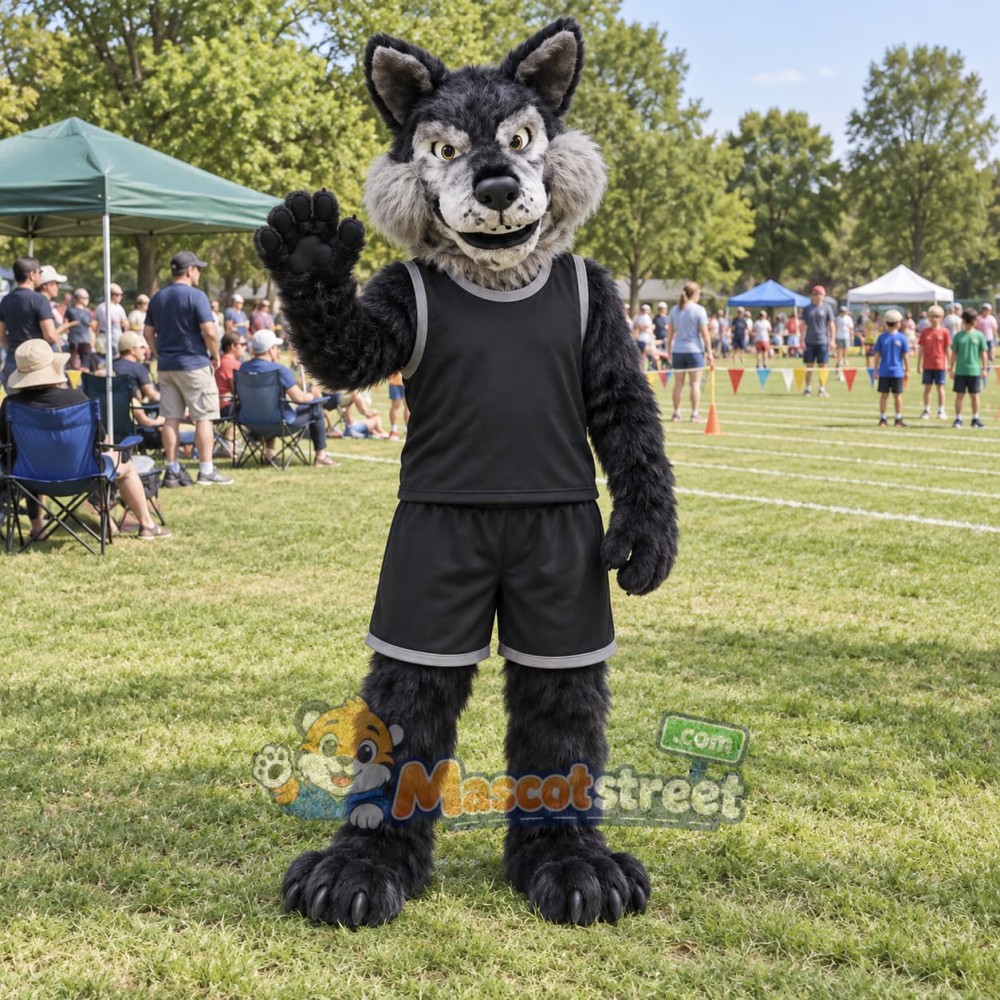 Black Wolf Mascot Costume with Black Sports Uniform Black Wolf Mascot Costume with Black Sports Uniform