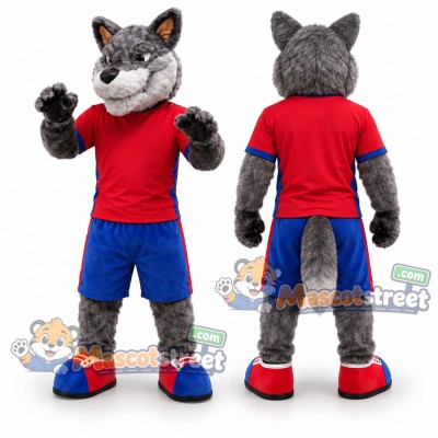 Gray Wolf Mascot Costume with Red Shirt