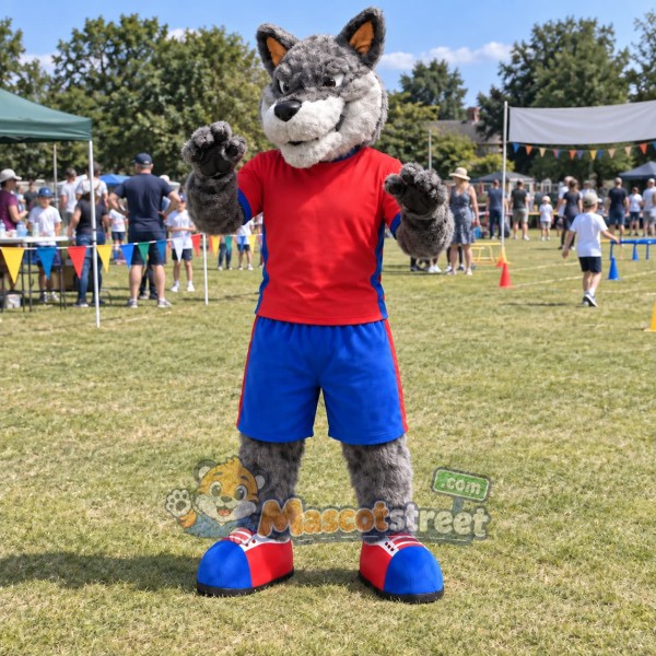 Gray Wolf Mascot Costume with Red Shirt