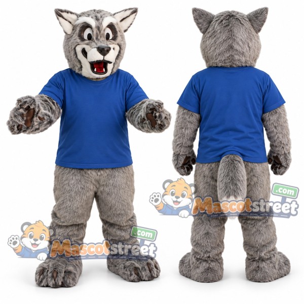 Gray Wolf Mascot Costume with Blue Shirt