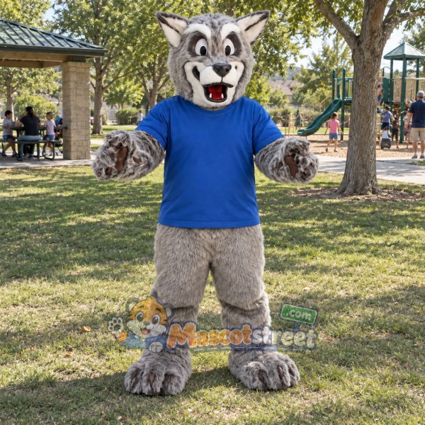 Gray Wolf Mascot Costume with Blue Shirt