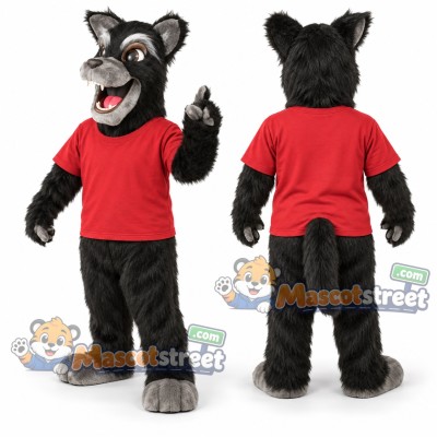 Black Wolf Mascot Costume with Red Shirt