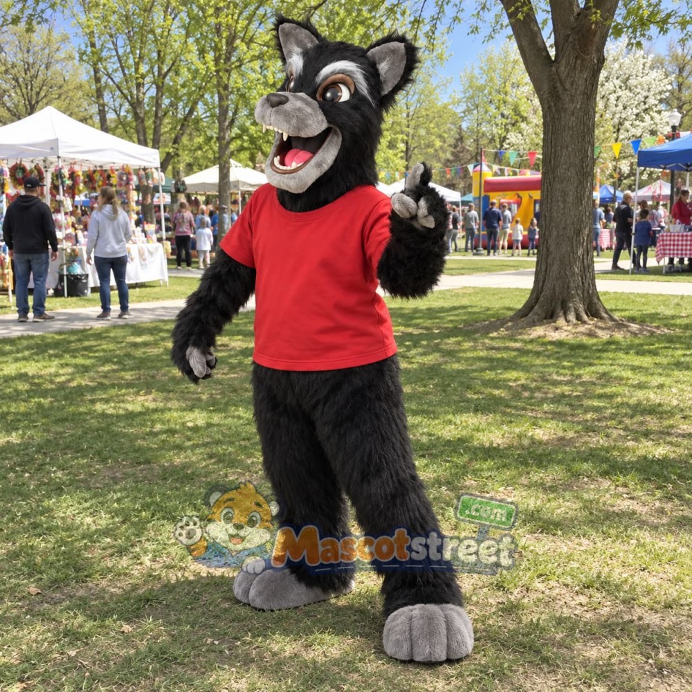 Black Wolf Mascot Costume with Red Shirt
