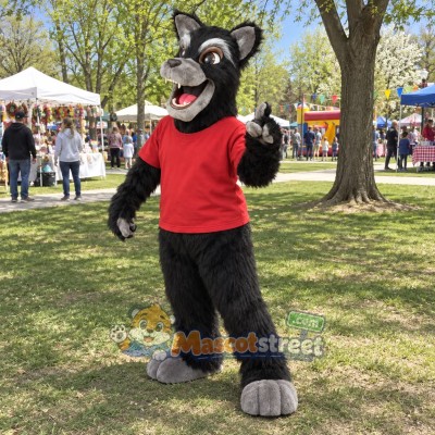 Black Wolf Mascot Costume with Red Shirt