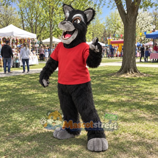 Black Wolf Mascot Costume with Red Shirt