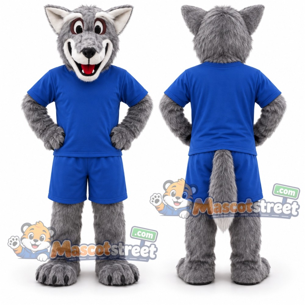 Gray Wolf Mascot Costume with Blue Sports Uniform