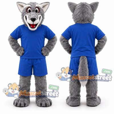 Gray Wolf Mascot Costume with Blue Sports Uniform