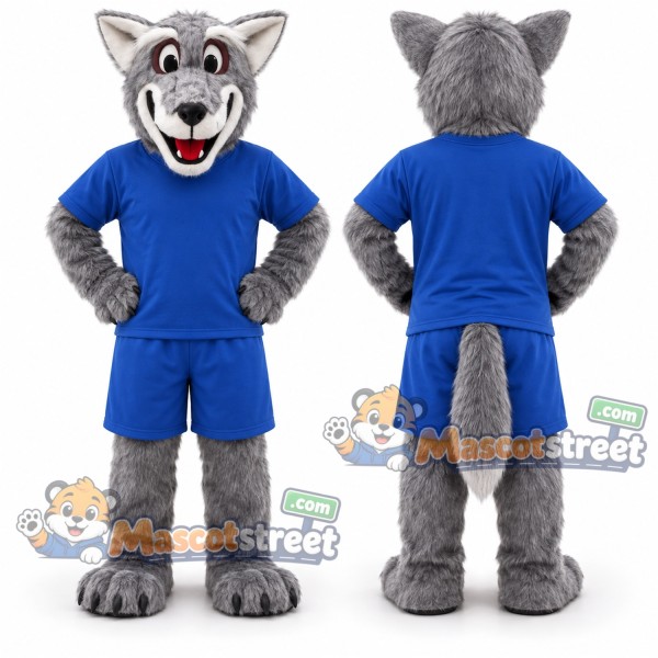 Gray Wolf Mascot Costume with Blue Sports Uniform