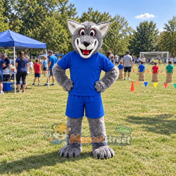 Gray Wolf Mascot Costume with Blue Sports Uniform