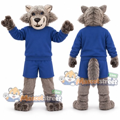 Gray Wolf Mascot Costume with Blue Sports Uniform